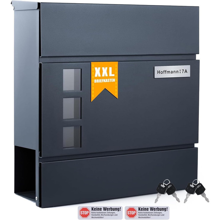 Поштовий ящик Zedelmaier з нержавіючої сталі, індивідуальне гравіювання, з газетницею, замком та 2 ключами, антрацит 33x31x10 см