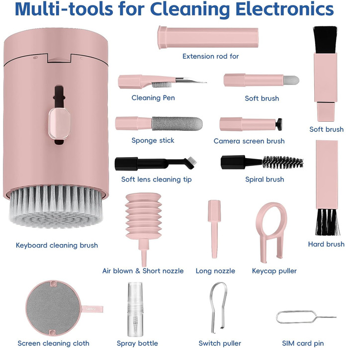 Набір для чищення екрану ноутбука 20-в-1: для MacBook, AirPods, телефону, планшета, ПК, монітора, камери (рожевий)