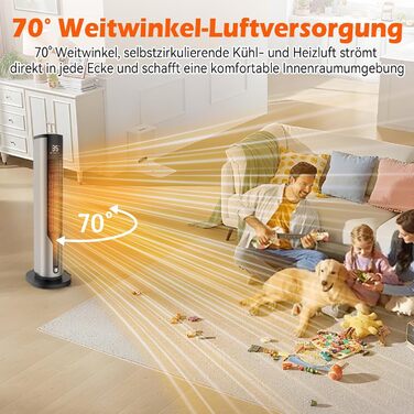 Електричний обігрівач 1500W з PTC керамічним нагрівачем, тихий 34 dB, термостат, таймер 12 год, захист від перегріву та перекидання. Ідеальний для спальні, з пультом дистанційного керування (сірий)