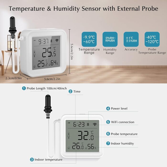 eMylo Thermometer Indoor/Outdoor, Hygrometer Wi-Fi App Alert, Data Export Freezer Aquarium Thermometer Digital for Refrigerator, Aquarium, Baby Room, Aquarium Accessories, White 5.6 * 5.6cm
