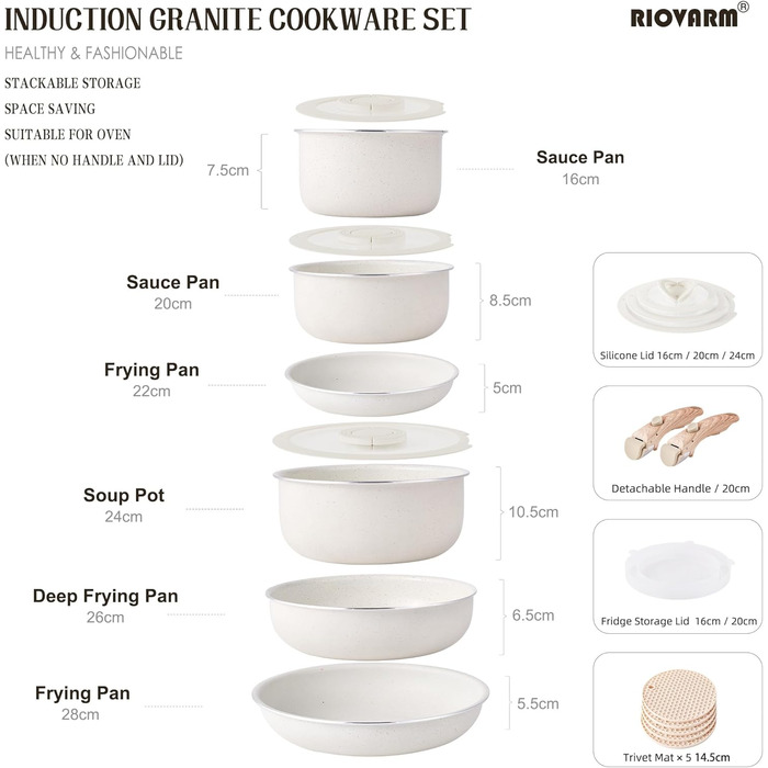 Набір посуду RIOVARM з індукційним дном: каструлі та сковороди з антипригарним гранітним покриттям та знімними ручками, кришки з силікону, бежевий колір