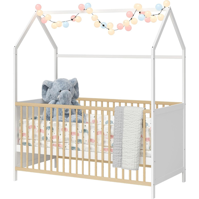 Bellabino Nika Babybett in Hausoptik 70 x 140 cm, crib and house bed for children and babies made of solid pine wood in blue, 3-fold height adjustable including slatted base.