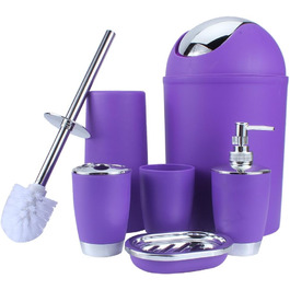 Bathroom and Toilet Set, 6-Piece Bathroom Accessory Set, with Cup, Toothbrush Holder, Soup Holder, Hand Sanitizer Bottle, Trash Can, Toilet Brush (Purple)