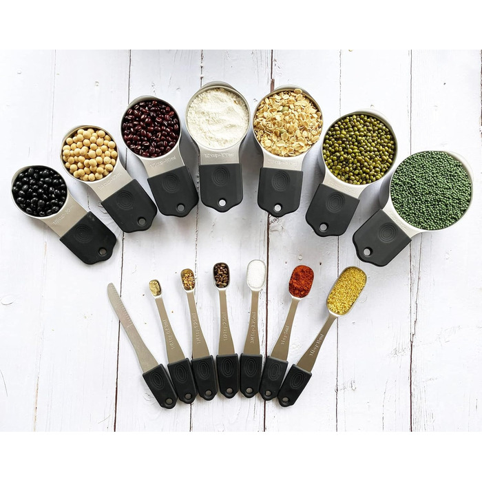 Magnetic kitchen collection of 14 measuring cups and spoons set made of stainless steel for dry and liquid ingredients, dishwasher safe, rust-proof, imperial and metric (black color)