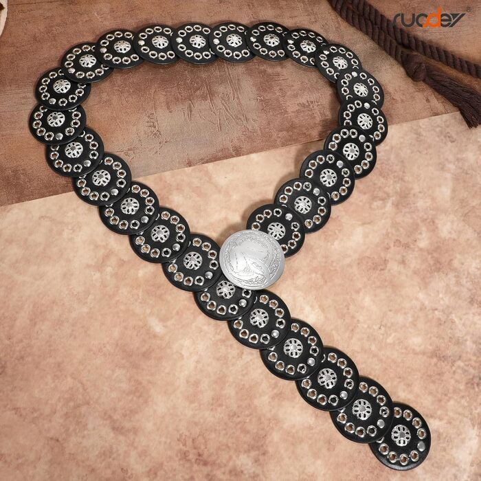 Жіночий шкіряний пояс-корсет у стилі вестерн SUOSDEY, широкий, бохо, для сукні (чорно-срібний, до 95 см)