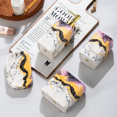 Набір аксесуарів для ванної кімнати (4 шт) – білий набір з дозатором для лосьйону, тримачем для зубних щіток, склянкою та мильницею – глянсова поверхня (мармур, білий) (фіолетовий)