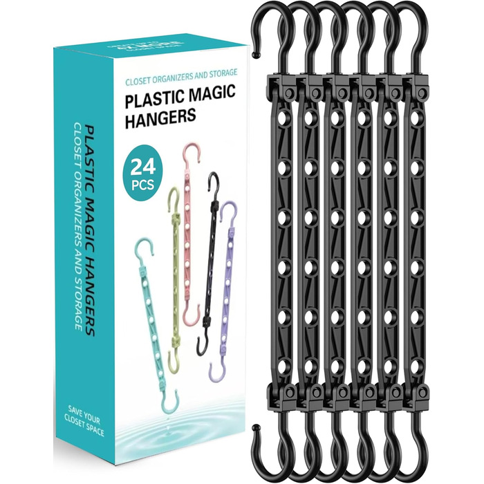 Набір вішалок для одягу Magic Hangers, 8 шт. з 6 отворами та 360° обертанням, чорний. Організатор для шафи, ідеально для студентів та дівчаток, стабільні гачки для важких речей. 24 шт.