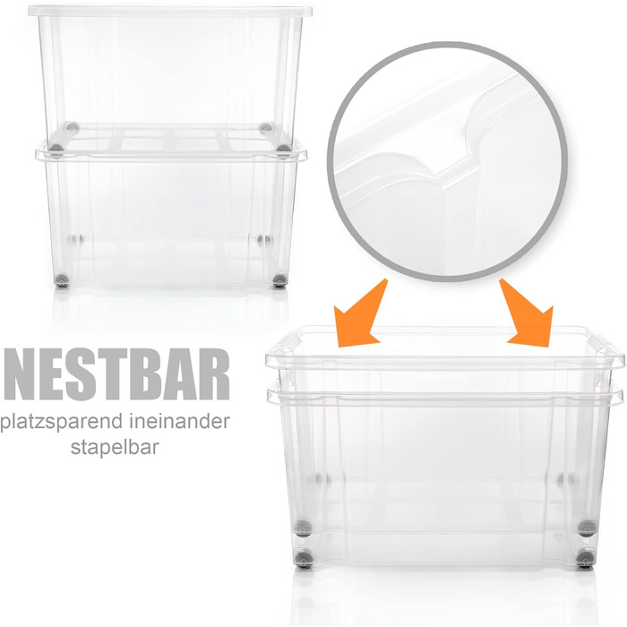 BigDean 4-Piece 60L Storage Box with Lid, Large Steel Grey - Stackable, Robust Box, BPA-Free - Rollable Storage Box with Secure Click Closures - Made in Germany