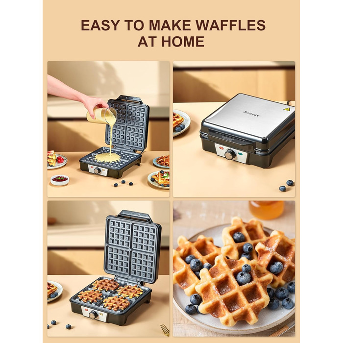 Reemix 4-Waffle Belgian Waffle Maker - 1200W Electric with Non-Stick Plates, Adjustable Temperature & Easy Cleaning, Stainless Steel