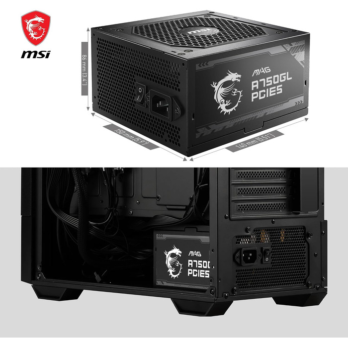 Блок живлення MSI MAG A750GL PCIE5 750W, 80 Plus Gold, повністю модульний, ATX 3.0, підтримка PCIe 5.0, 120мм FDB вентилятор, чорний