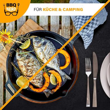 Чавунна сковорода BBQ Nerd для гриля, смаження та запікання, 35 см, 4550 г, з носиком і ручкою, антипригарна, вогнестійка, зберігає тепло, зі знімною ручкою 25 см