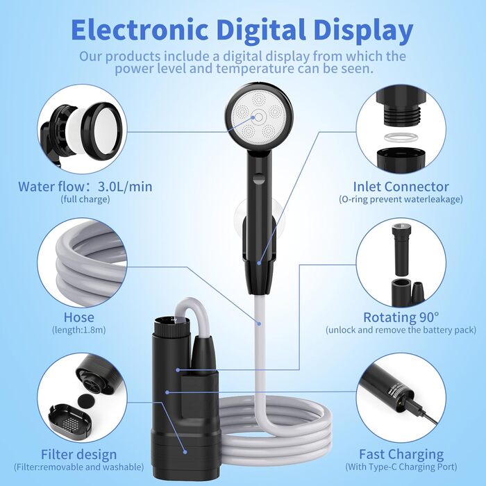 Portable Camping Shower with Pump - Rechargeable Battery Camping Shower Set with 1.8m Hose - Camping Shower Set for Garden, Camping, Car Washing, and Pet Washing (Digital Display)