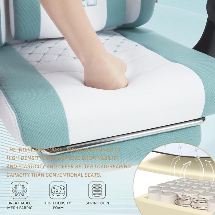 WOLTU Gaming Chair with Massage Function, Computer Chair with Pocket Spring Cushion, Ergonomic Gamer Recliner, Swivel Chair with Headrest, Lumbar Pillow, Footrest, Mesh Fabric, White+Blue, GS15bws White+blue Mesh Fabric