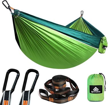 Легка туристична гамак NATUREFUN для кемпінгу | 300 кг вантажопідйомність (275 x 140 см) | Дихаючий, швидковисихаючий нейлон (тканина парашутна) | 2 карабіни преміум-класу, 2 петлі | Для відпочинку вдома, на природі, в саду