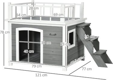 Будка для собак PawHut з балконом та сходами, будиночок для дрібних та середніх собак, з вікном, з соснового дерева, 121 x 77 x 78 см (Світло-сірий)