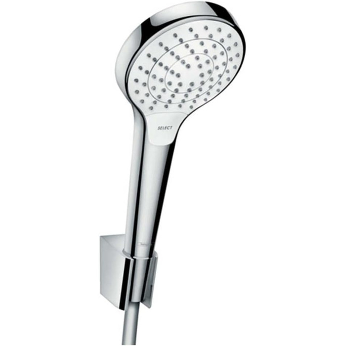 hansgrohe Croma Select S Showerhead including showerhead holder, 3 spray patterns, White/Chrome (Set with 1.60m shower hose)
