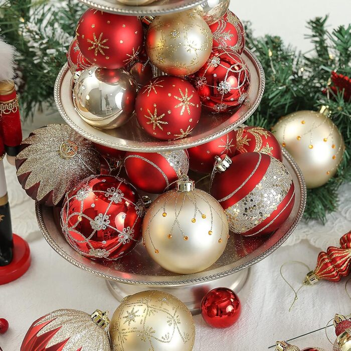 Набір новорічних кулічок для ялинки, 30 шт, 60 мм, пластик, з гачками, для прикраси ялинки, на Новий рік, весілля, свята (червоний, золотий)