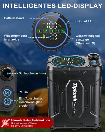 Портативний душ для кемпінгу з акумулятором 13000mAh, мобільний вуличний душ з насосом, паузою та індикатором температури для тривалого кемпінгу, миття тварин та авто