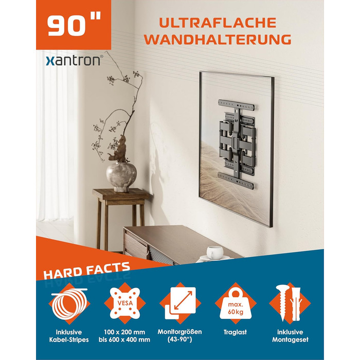 Настінний кріплення для телевізора Xantron Slim Fit, поворотний, з аксесуарами - відстань від стіни 27 мм, 43-90 дюймів, VESA до 600x400, до 75 кг - SLIMLINE-466US