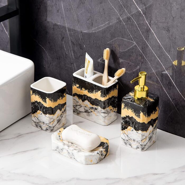 Набір аксесуарів для ванної кімнати (4 шт) – білий набір з дозатором для лосьйону, тримачем для зубних щіток, склянкою та мильницею – блискуча поверхня (мармур, білий) (чорний, білий)