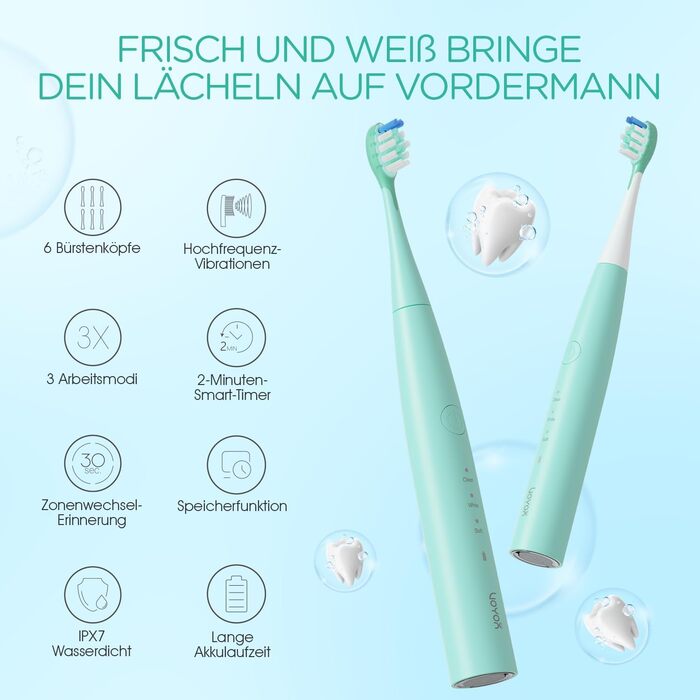 Електрична звукова зубна щітка Ultraschall ET110 (41000 VPM, 70 днів, 6 насадок, таймер, IPX7, зелена)