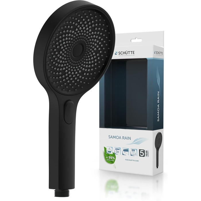 SCHÜTTE Hand Shower SAMOA RAIN | Velvet Jet Technology | Showerhead with over 300 nozzles | 3 adjustable spray patterns | Anti-limescale showerhead for the shower | White (Black)