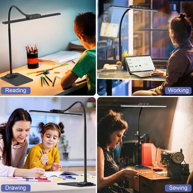 LED Desk Lamp with Adjustable Neck, 1200 Lumens, Dual Head Clamp-On for Home Office, Eye Protection, Gooseneck, Office Table Lamp, Monitor Light with 5 Color Temperature & Brightness Levels (Black-Metal Base)