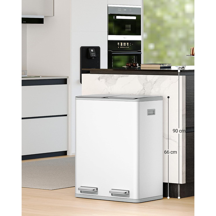 Відро для сміття з сортуванням 60 л, нержавіюча сталь, з педаллю, 2 відділення, SW06099E (біле)