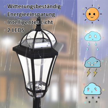 Outsunny 2-St Solar Street Light LED, IP44, ABS, Ø18.5 x H129 cm, Energy Saving Mode, Waterproof, Garden Light with Stainless Steel, Black | Aosom