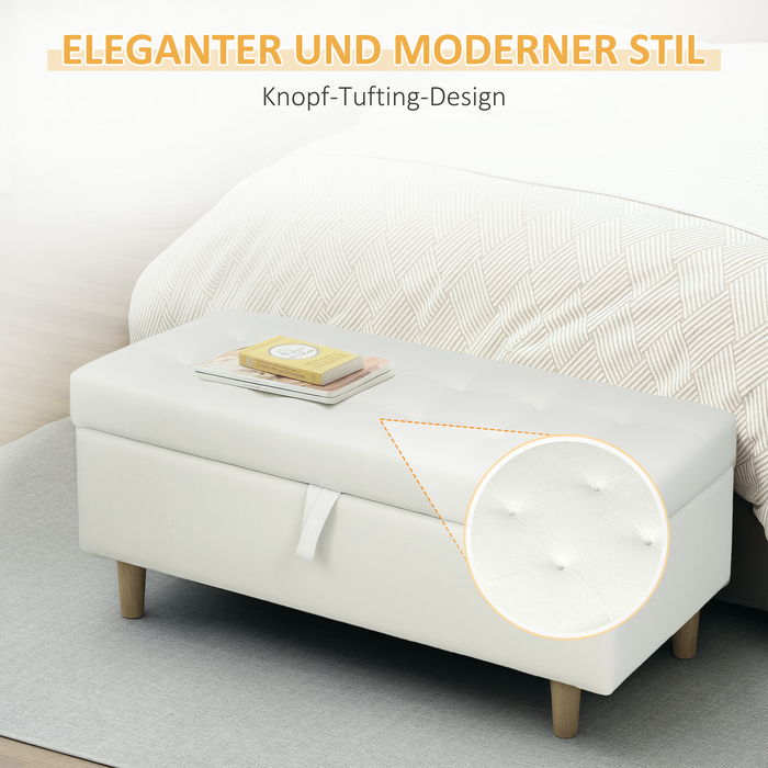 HOMCOM Upholstered Ottoman with Storage, Wooden Legs, Soft Fabric Cover, Cream White