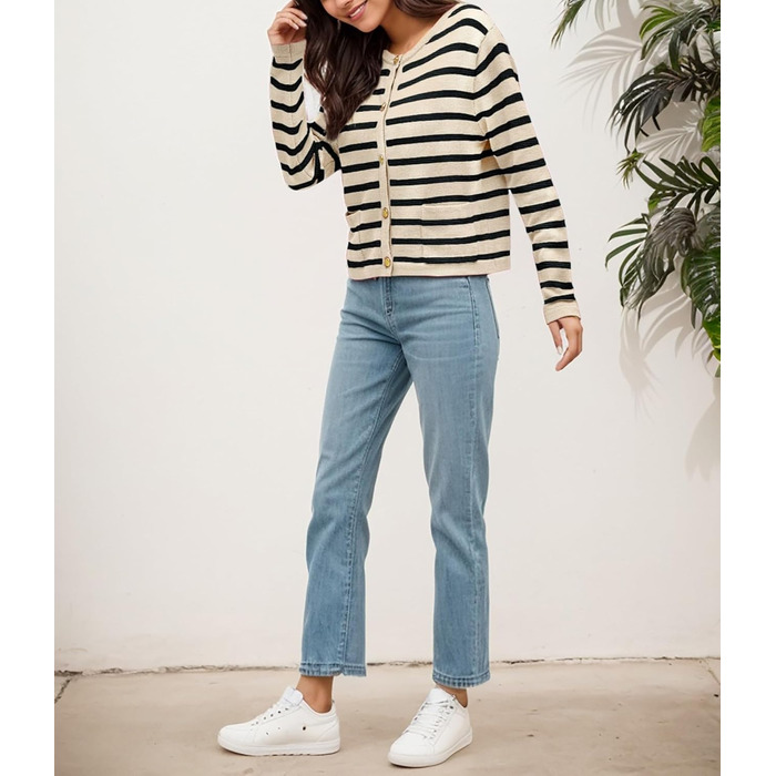 Жіноча коротка в'язана жилетка з двома кишенями на ґудзиках, смугаста, повсякденний осінній кардиган з круглим вирізом, модний в'язаний пуловер (L, Абрикосовий)