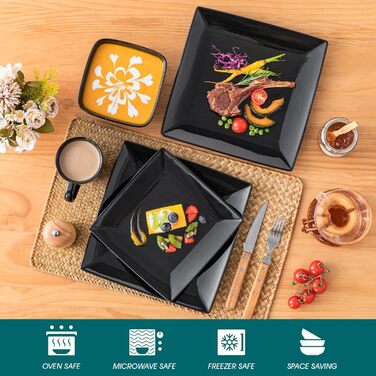 Vancasso Dinnerware Set, 24 Piece Stoneware SOHO Square Dish Set for 6 People, Combination Set, Square 24 Piece Black