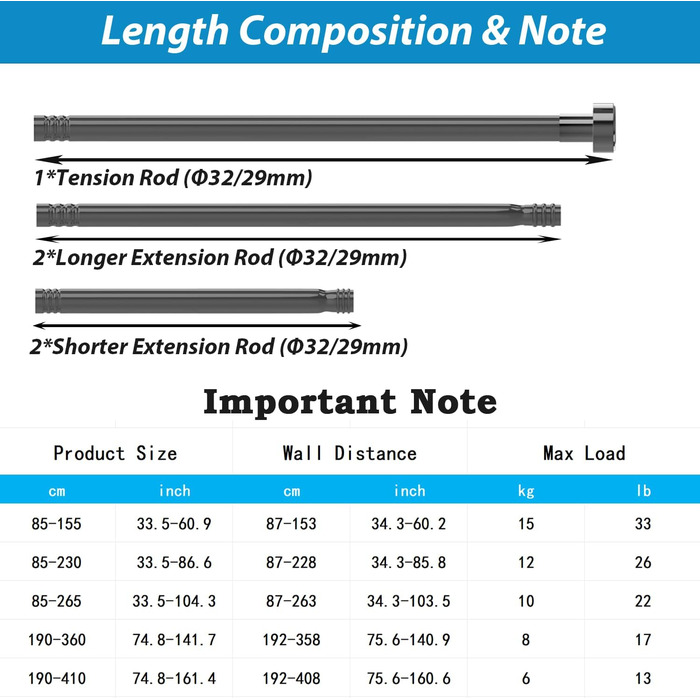 Штанга для душу з нержавіючої сталі, телескопічна, без свердління, 190-410 см, для душу та ванни, білий колір