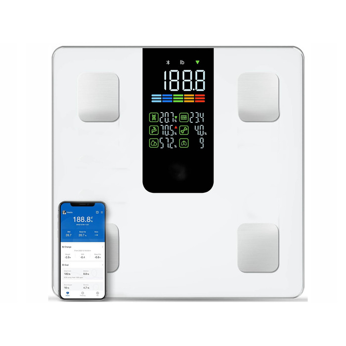 Електронні аналітичні ваги для ванної з визначенням ІМТ, лімітом 226 кг, аналізом складу тіла та Bluetooth APP