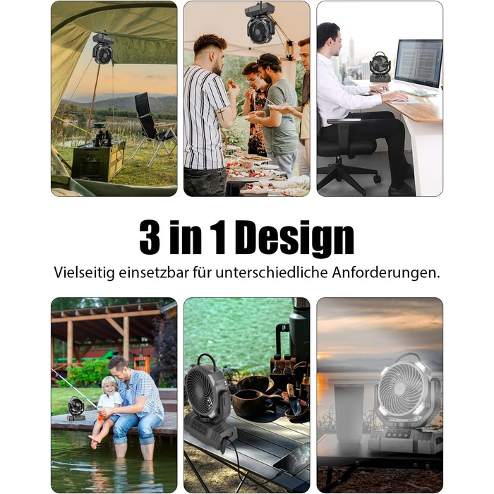 Портативний вентилятор для кемпінгу з акумулятором 10000mAh, LED-ліхтар, 270° обертання, USB-зарядка, для намету, відпочинку на природі, риболовлі, офісу (Чорний)