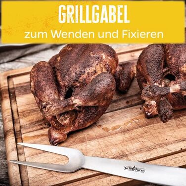 Преміум набір інструментів для барбекю Grillfürst з нержавіючої сталі, 3 предмети: щипці, лопатка, вилка, з петлями для підвішування, подарункова упаковка