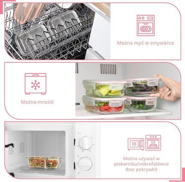 Контейнери для їжі Winter Shore скляні з 2 відділеннями (5 шт) - BPA-free, герметичні, для мікрохвильовки та морозилки (рожеві)