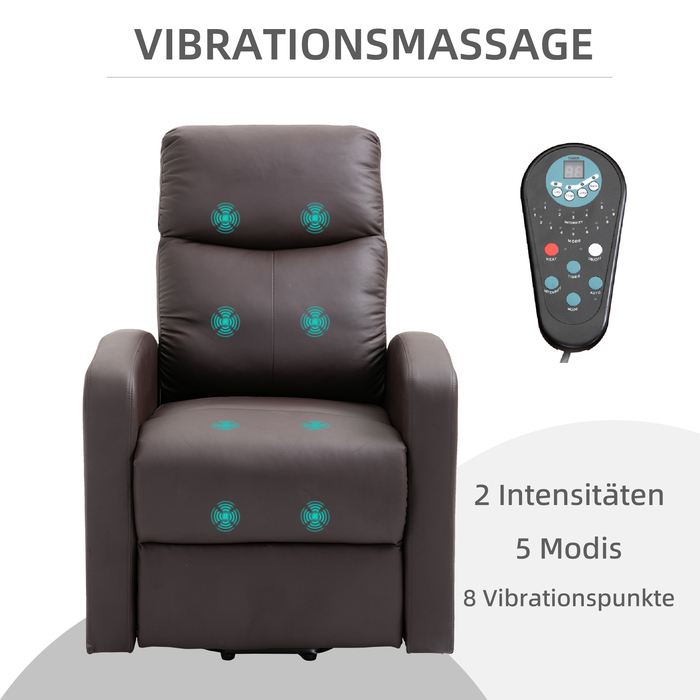 HOMCOM Recliner Chair with Rise Assist and Electric Massage Function, Reclining Function, Faux Leather, Brown, Comfortable Armchair with Remote Control