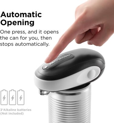 Електричний відкривач для консерв Kitchen Mama One-To-Go, автоматичний, безпечний, без гострих країв, з видаленням кришки, на батарейках, білий