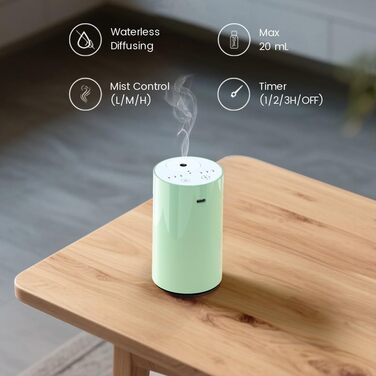 Дифузор для ефірних олій Cavir без води, портативний міні-розпилювач аромату, USB-зарядка, 1/2/3 години таймер, 3 рівні туману для дому, кімнати, авто, офісу (зелений)