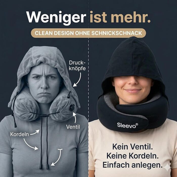 Подушка для шиї в літак з капюшоном та Memory Foam – Подушка-білка, для сну та подорожей – Ергономічна подушка для подорожей, захист від світла та пральна, з сумкою – Чорний (M) Чорний M