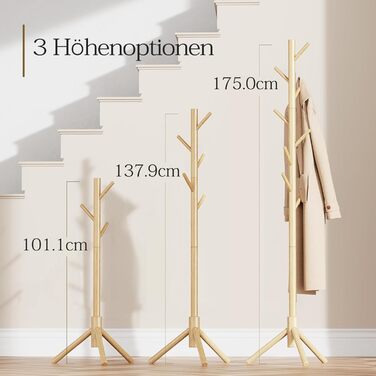 Pipishell Coat Rack, Clothes Rack, Garment Rack, Tree-Shaped Wardrobe, 3-Height Adjustable, for Clothing, Hat and Handbag, Suitable for Living Room, Bedroom or Office, With 8 Hooks, Nature