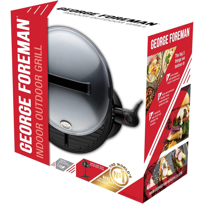 Електричний гриль George Foreman 2в1: напільний і настільний, для дому та балкона, круглий, 44,5 см, 2400 Вт, з термометром і піддоном для жиру, чорний