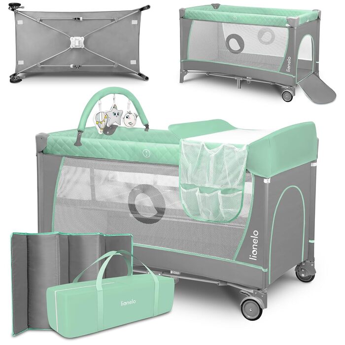 Lionelo Flower 4in1 Travel Cot Baby, Playard Baby with Side Entrance, Changing Table, Two Mattress Suspension Heights, Toy Arch with Figures, Wheels, Carry Bag 1 Piece (1 Pack) Turquoise