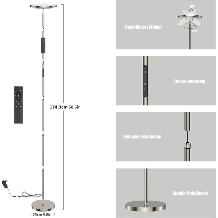 Світлодіодна підлогова лампа Anten Klara з лампою для читання | Матова | 30W, з регулюванням яскравості та пультом дистанційного керування | 3 кольори світла | Регулювання яскравості | Підлогова лампа для вітальні, офісу