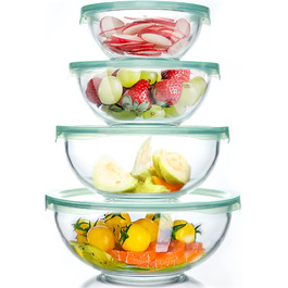Set of 4 Glass Bowls with Lids (0.95L, 1.5L, 2.4L, 3.5L), Large Round Salad Bowls, Baking Bowls, Microwave and Dishwasher Safe for Mixing, Storing, and Serving