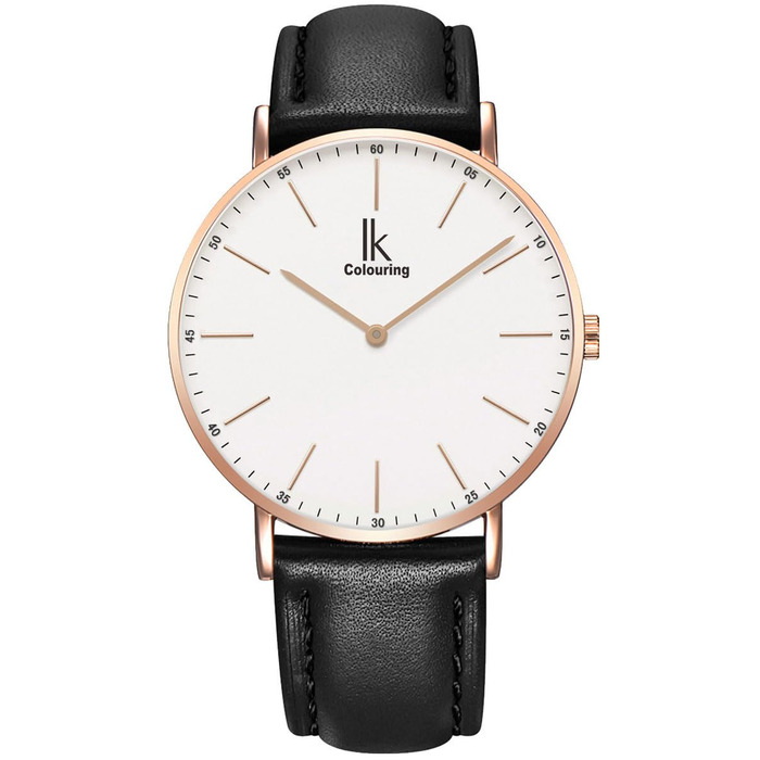 Alienwork IK Slim годинник на зап'ястя Ø36mm для чоловіків та жінок, ультратонкий, шкіряний ремінець (рожеве золото/рожево-золотий білий/чорний шкіряний ремінець)