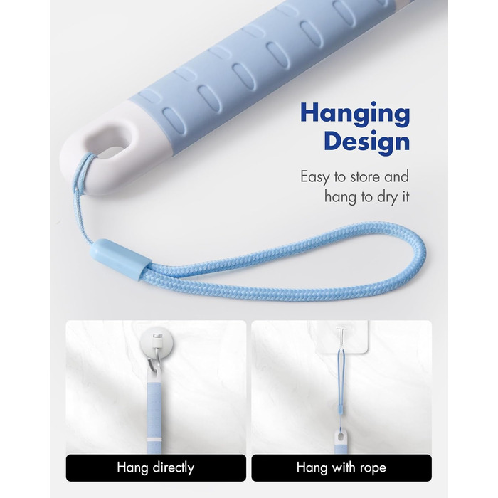 Щітка для душу з ручкою: скрабер для тіла з жорстким та м'яким ворсом, 46 см (блакитна)