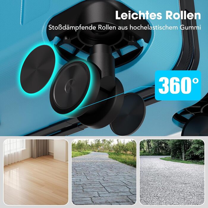 Набір валіз, багажний набір, ролери, валіза-ролер 5шт, ABS пластик, TSA замок, містить 1 велику сумку та 1 косметичку, 4 колеса, телескопічна ручка з алюмінію (рожеве золото) (світло-блакитний)