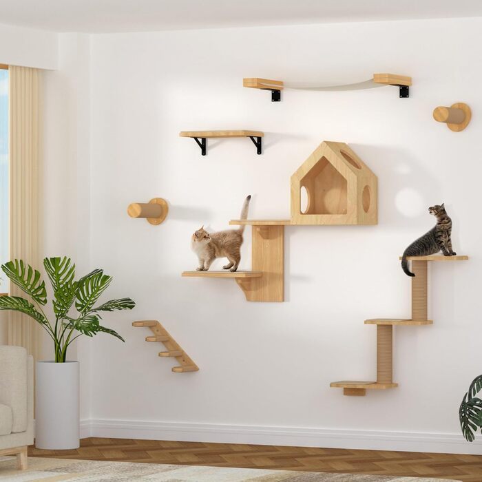 Cat Climbing Wall, Cat Shelves made of Solid Rubberwood and Jute, 3-in-1 Transformable Cat Scratching Post Wall Mounted, DIY Cat Wall/Platform, Suitable for Cats to Climb, Play, and Scratch
